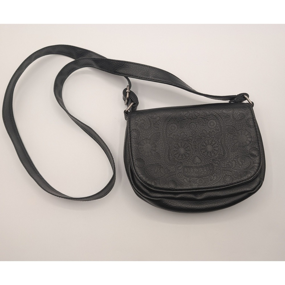 Loungefly Black Embossed Sugar Skull Crossbody Bag Faux Leather Day of the Dead